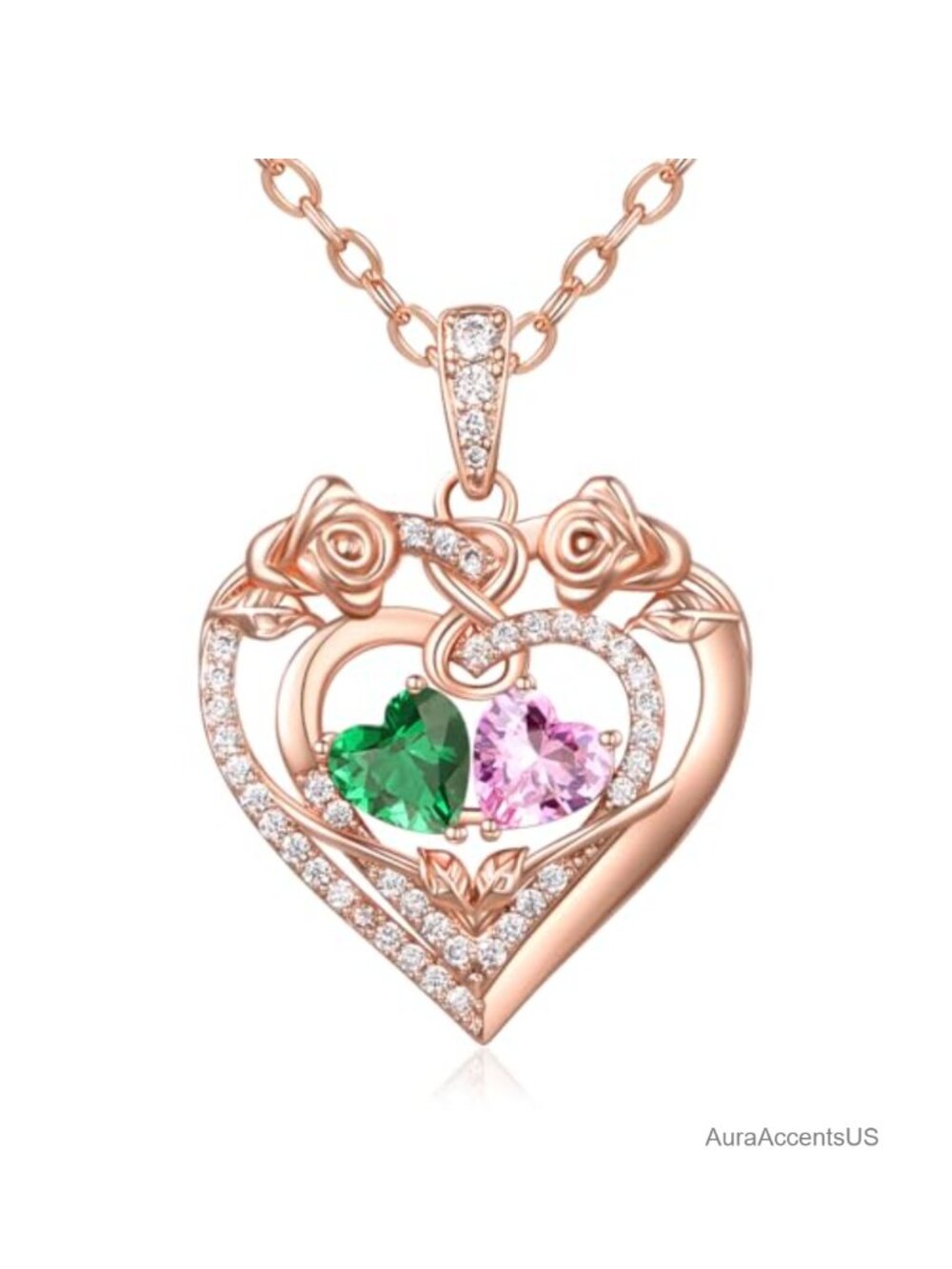 14K Rose Gold Double Heart Birthstone Pendant Necklace Wife Mom Gift
